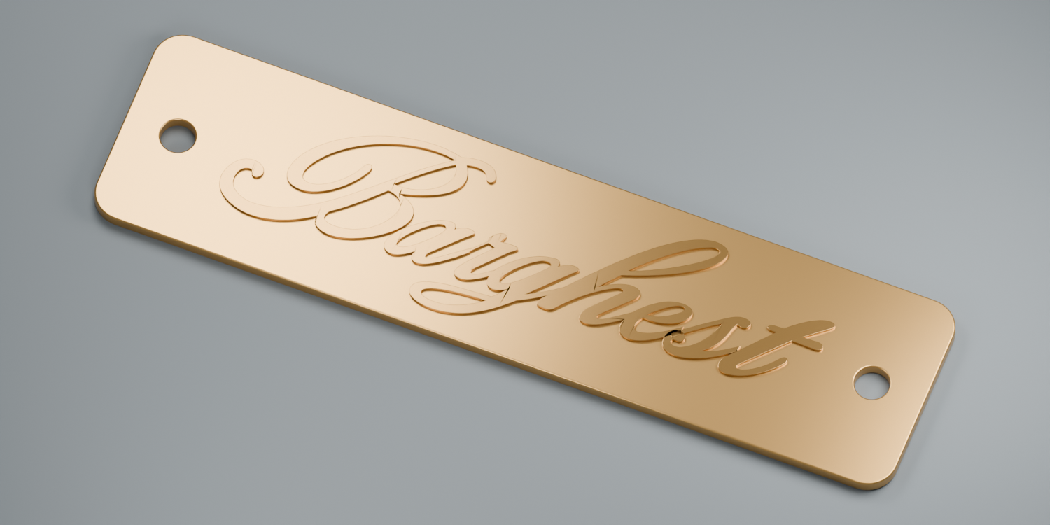 Barghest metal bag badge design render, with raised script and two fixing holes