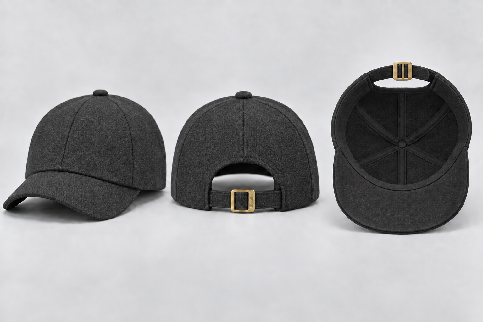 Barghest charcoal wool six-panel cap shown from the front, rear and underside, with charcoal moleskin under visor and brass strap buckle