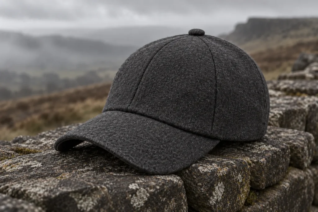 A charcoal wool Barghest cap resting on a dry-stone wall overlooking misty moorland