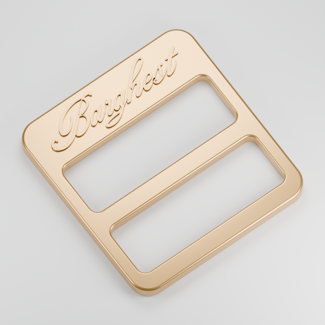 Slim two-slot Barghest cap buckle design render in a warm metal finish
