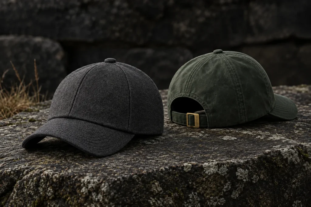 Charcoal wool and dark green waxed cotton Barghest caps on weathered gritstone
