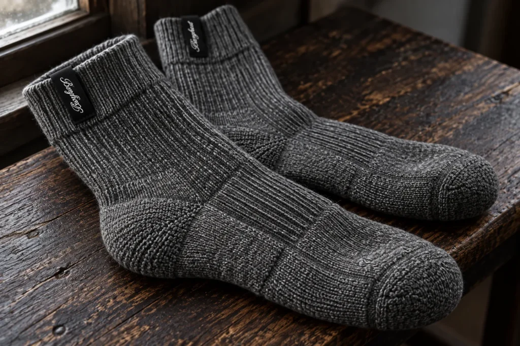 A pair of grey Barghest merino walking socks resting on dark wood beside a window
