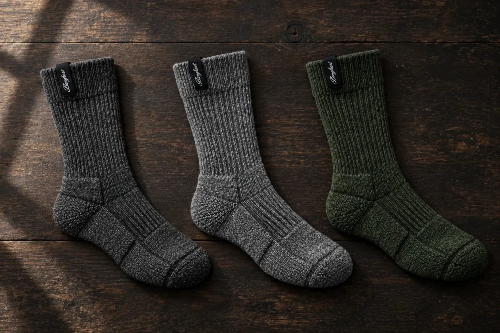 Charcoal, grey and green Barghest merino socks laid on dark oak, showing their black cuff labels